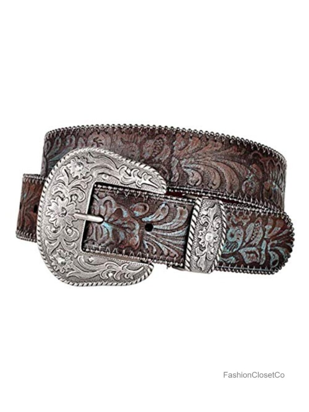 Western Leather Belt 1.5" Wide Embossed Tooled Silver Buckle